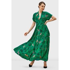 eShakti Wayward Fancies Women Maxi Dress 2X Green Woodland Crepe Fox Deer Owl